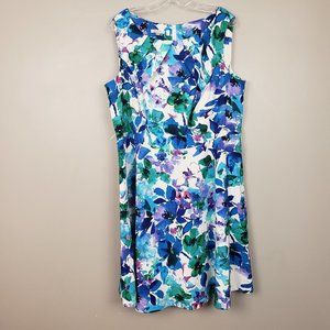 Plus Size Blue Floral Sleeveless Fit & Flare Dress